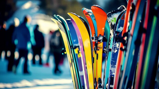 A closeup shot of a row of colorful skis on a snowy surface, with a blurred figure in the background. The skis are vibrant and varied in color, with hues of yellow, blue, green.