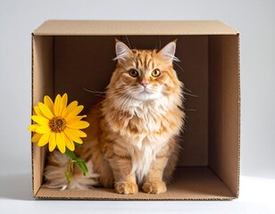 Adorable ginger cat sitting in a cardboard box next to a bright yellow flower