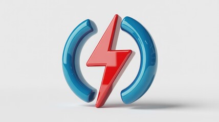Glossy 3D red lightning bolt symbol within a blue arc on white background, representing power, electricity, or charging.