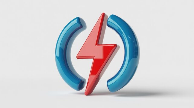 Glossy 3D red lightning bolt symbol within a blue arc on white background, representing power, electricity, or charging.