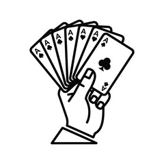 Hand Holding Five Ace Playing Cards Line Icon