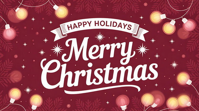 Illustration of merry christmas and happy holidays text with lights on a maroon background
