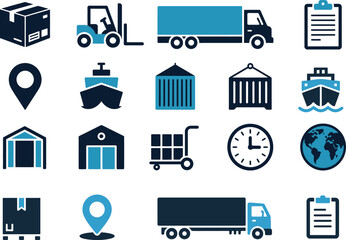 logistics and transportation icons vector set featuring delivery, shipping and supply chain symbols ideal for freight services and business workflows.