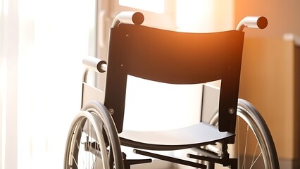 wheelchair. An empty wheelchair near a sunlit window, softly focused to evoke a therapeutic and hopeful healthcare atmosphere. public awareness campaigns.