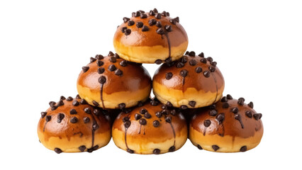 Delicious chocolate chip brioche buns stacked isolated PNG, sweet pastries with glossy glaze on transparent background, bakery product for dessert
