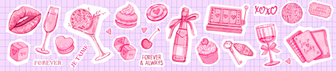 Love sticker set, Valentine day scrapbook collage design elements, wedding bachelorette party print. Hand drawn watercolor romantic badges, champagne glass, casino lucky objects. Holiday love stickers