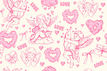 Obraz premium Valentine day seamless pattern, love romantic repeat texture, February holiday pink wrapping paper. Wedding trendy watercolor background, cute little cupid, cloud heart. Valentine pattern doodle print
