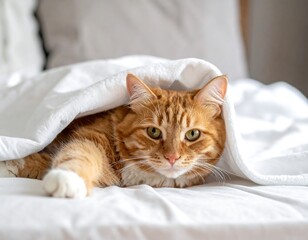 Adorable ginger cat under a white blanket, relaxing in a cozy bed