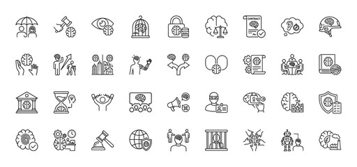 Neurolaw and brain rights line icon set. Vector pictograms of decision-making, security, contract, and justice, thin outline illustration.