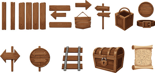 Wooden fantasy game asset set with signboards treasure chest scrolls and planks vector illustrations © Sumon Creative