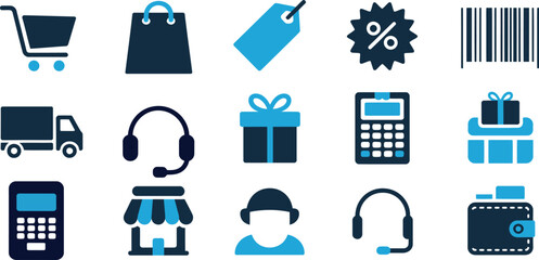 ecommerce online shopping icons vector set featuring retail, delivery, marketing and storefront symbols perfect for websites, apps and modern business branding.