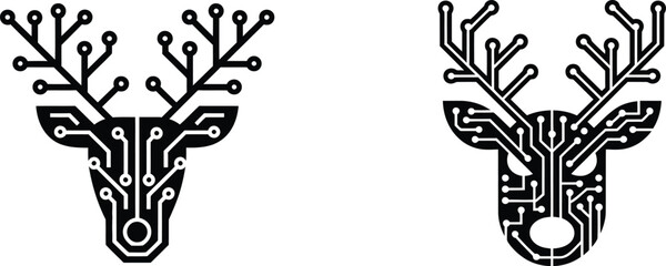 deer head circuit board vector illustration merging technology with wildlife through a reindeer silhouette formed from digital circuitry for unique futuristic design.