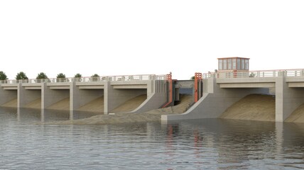Naklejka premium A modern concrete dam featuring multiple sluice gates, with turbulent water discharging through one, a control building, and trees lining the top.