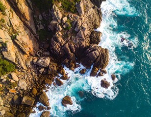 Aerial perspective of rugged coastline meeting vibrant turquoise ocean waters