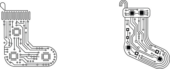 circuit board christmas stocking vector illustration combining holiday charm with futuristic electronic patterns for unique geeky festive decoration ideas.