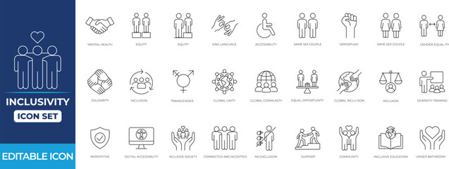 Inclusivity editable line icon set featuring equality, accessibility, community, diversity, human, race, society, support, and universal representation symbols.