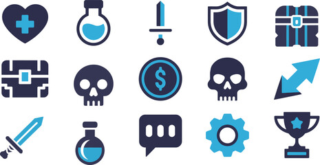 game development assets rpg icon set featuring potions, swords, shields and treasure elements ideal for ui design and adventure-themed games.