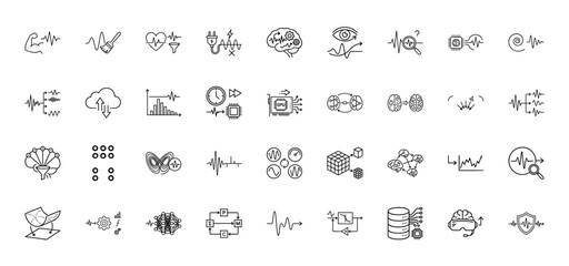 Data science and neural network line icon set. Vector pictograms of brain activity, signal analysis, machine learning, and hardware, thin outline illustration.