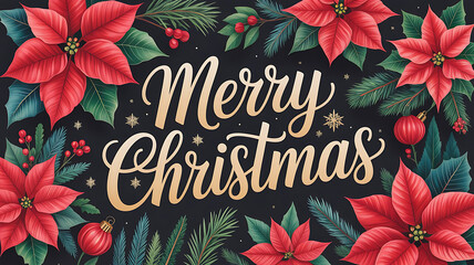 Merry christmas text with poinsettia flowers, pine branches, ornaments and snowflakes design