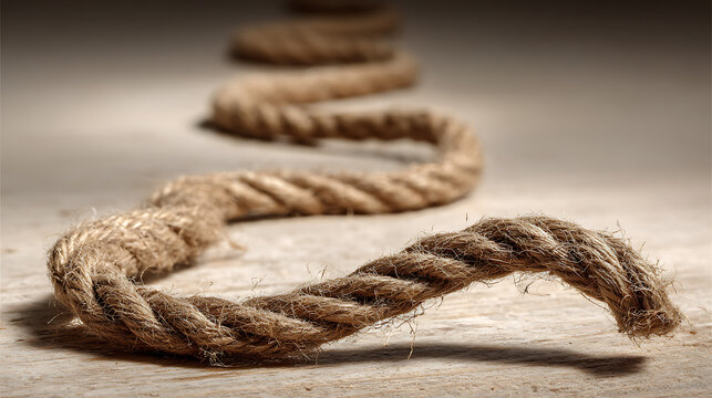 Strong twisted hemp rope snaking across a wooden surface with shallow depth of field, representing connection, strength, and nautical themes.