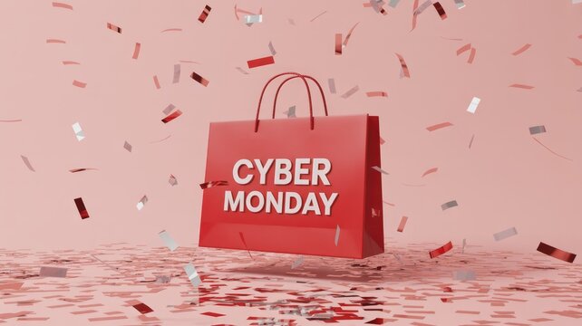 A vibrant red shopping bag emblazoned with 'CYBER MONDAY' text, surrounded by falling red and silver confetti on a soft pink background, symbolizing online shopping deals and celebration. - Powered by Adobe