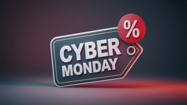 A striking 3D rendered "Cyber Monday" tag with a prominent percentage discount symbol, highlighting online shopping sales and promotional events.