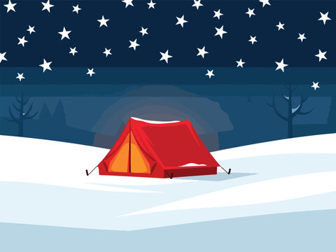 Red tent illuminated in a snowy starlit winter landscape at night