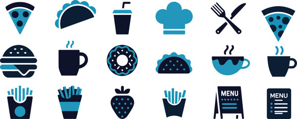 food icons vector set featuring pizza, burger, taco, fries, coffee and dessert items crafted for menu design, food delivery apps and restaurant branding.