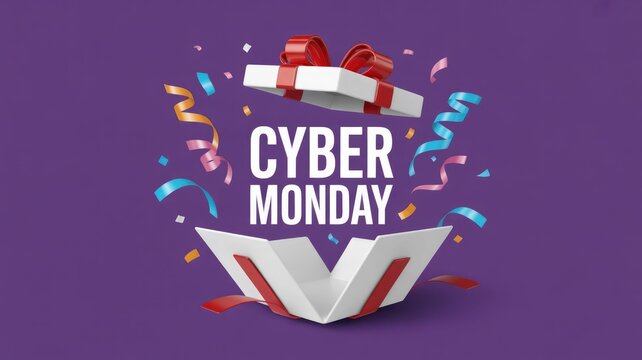 Cyber Monday deals explode from an open gift box, surrounded by festive confetti on a vibrant purple background, announcing big online savings. - Powered by Adobe