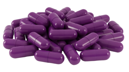 Pile of purple capsules isolated PNG on transparent background, pharmaceutical medication for health and wellness