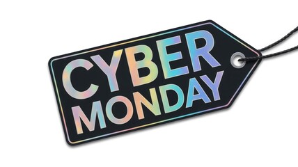 A black price tag prominently displays "CYBER MONDAY" in shimmering, holographic letters, hanging from a black string against a clean white background.