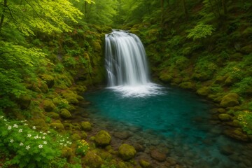 Obraz premium Lush green forest surrounding a beautiful waterfall plunging into a clear turquoise pond with mossy rocks and vibrant fresh foliage