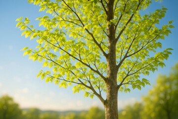 Obraz premium New green leaves on a tree standing tall, catching the sunlight under a clear blue sky, symbolizing growth and renewal