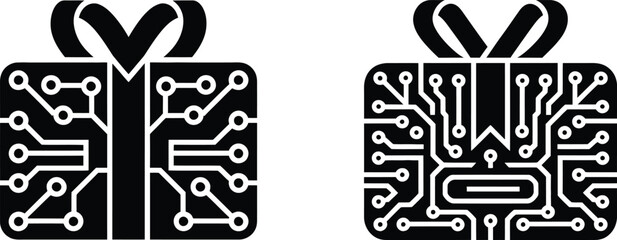 find tech gifts vector concept showcasing circuit board�inspired present icons ideal for gift guides, innovation themes and electronic holiday ideas.