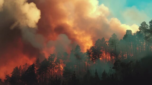 Forest engulfed in flames with smoke rising into the sky during a wildfire disaster scene