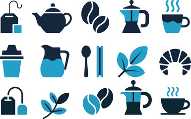 tea coffee breakfast icons vector set with menu elements perfect for cafes, food delivery services and restaurant branding projects.
