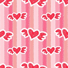 Cute valentine seamless pattern with red glittery hearts with wings on glitter and sparkle vertically striped in shades of pink . Ideal for valentine themed fabrics, pajamas, or gift wraps