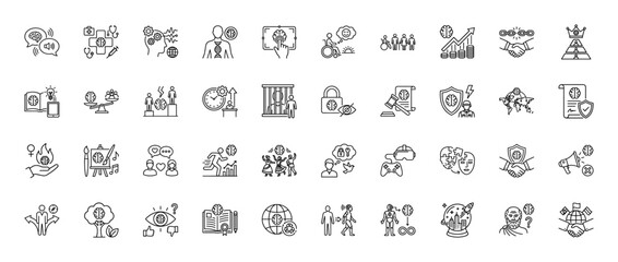 Artificial intelligence, ethics, and social impact line icon set. Vector pictograms of brain, data, gender, and security, thin outline illustration.