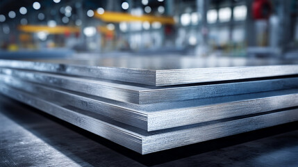 A stack of shiny metal sheets in an industrial setting with blurred background