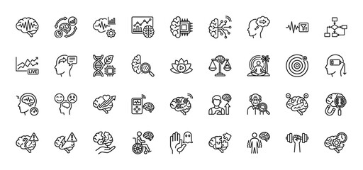 Brain and psychology line icon set. Vector pictograms of neurology, mind, mental health, intelligence, thinking, dementia, and meditation, thin outline illustration