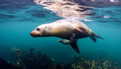 Obraz premium California sea lions swim just below the ocean surface near dark underwater kelp and rocky growth