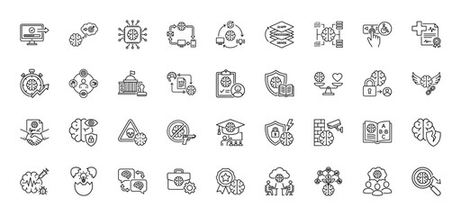 Artificial intelligence line icon set. Vector pictograms of brain, chip, cloud, shield, lock, scale, eye, document, gear, handshake, and award, thin outline illustration.