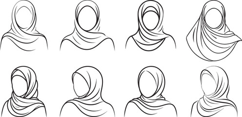 Fototapeta premium Set of hijab rendered in flowing, graceful curves line-art vector style.