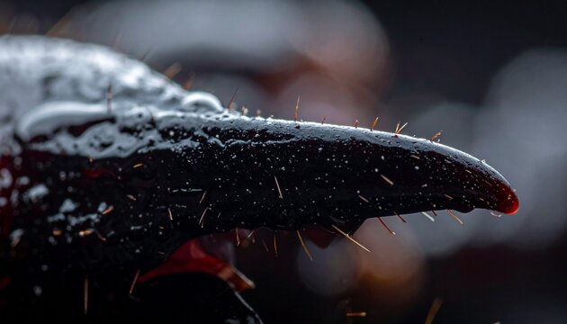 Extreme close up of a dark wet arthropod claw segment showing texture spines and water droplets