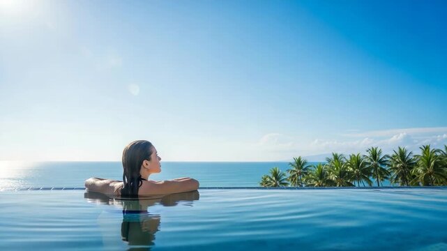 Woman relaxing in infinity pool overlooking ocean and palm trees on sunny day