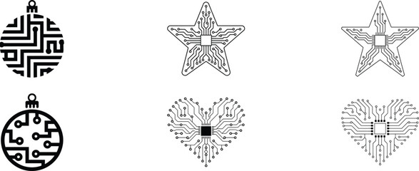 circuit board christmas ornaments vector set featuring stars, hearts and festive shapes decorated with digital circuitry for modern holiday artwork.