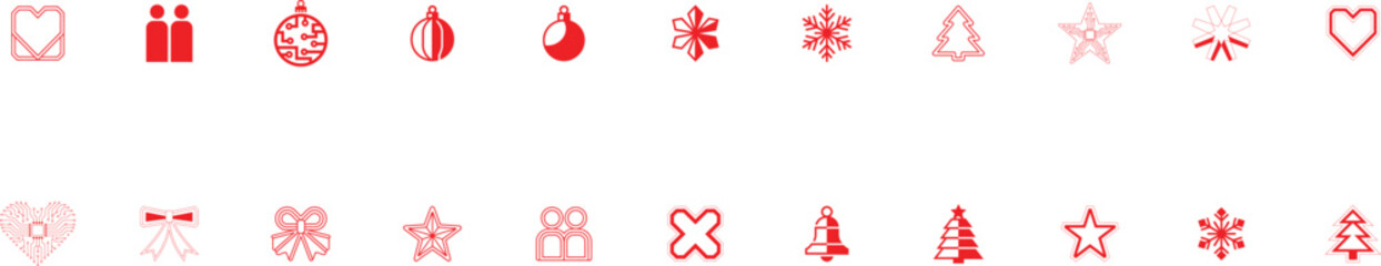 red christmas icons vector set showcasing festive ornaments, decorative shapes and seasonal symbols ideal for holiday graphics and bright winter themes.