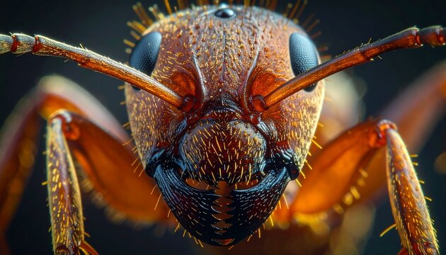 Extreme macro photograph reveals detailed hairy face and mandibles of a red or brown ant insect