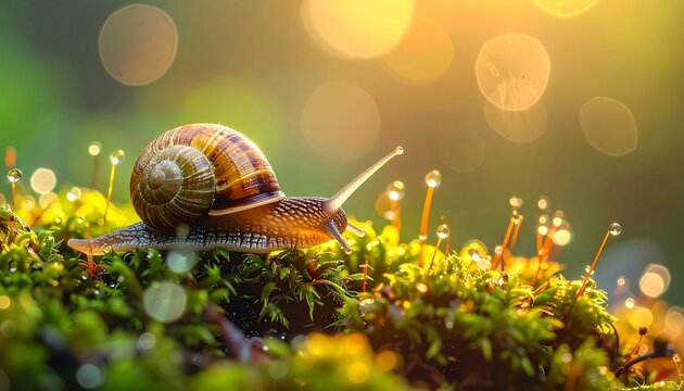 Garden snail crawls across bright green moss covered with morning dew drops in warm sunlight