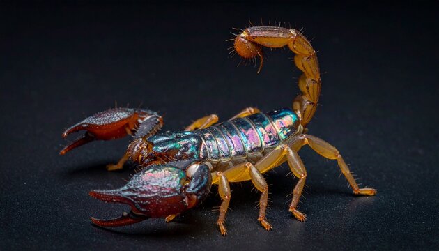 Macro photograph of a metallic iridescent scorpion with raised tail and claws on black surface